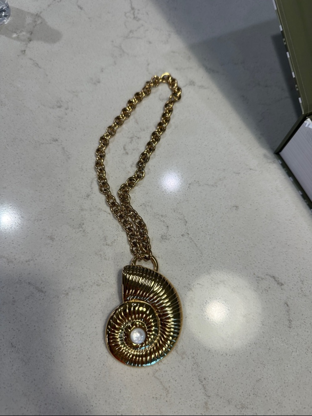 Gold Spiral Shell Pendant Necklace with Pearl Accent